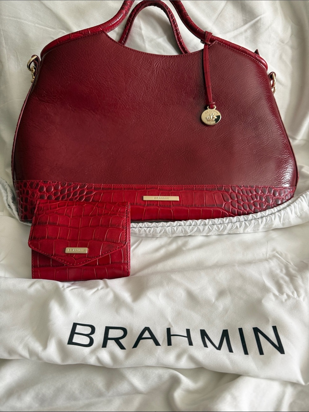 Brahmin Deep Red Leather Tote with Croc-Embossed Trim with matching wallet.